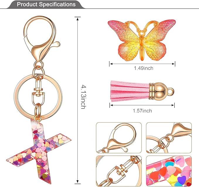 JINGUAZI Initial letter Keychains for Women Tassel Butterfly Pink Purple Cute Car Keychain for Wallet Backpack bag charm