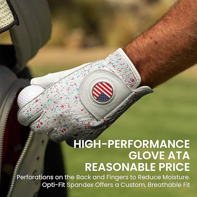 Golf Gloves Men All Premium Cabretta Leather 1 Pack with 2 Ball Marker, Mens Golf Glove Right Handed Golfer Left Hand All Weather Grip, Fit Size Small Medium ML Large XL