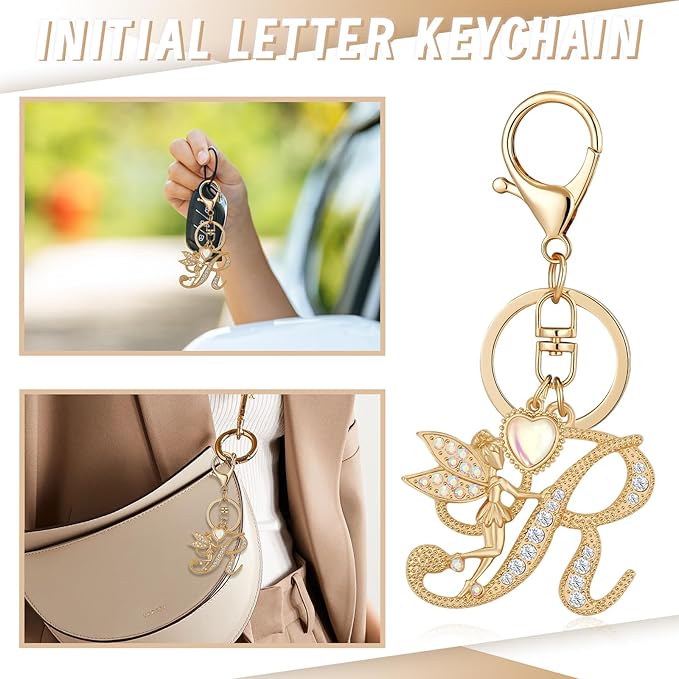 Gold Plated Alphabet Initial Letter Keyring Keychain for Women Girls Crystal Key Chains for Wallet Backpack Bag Charm