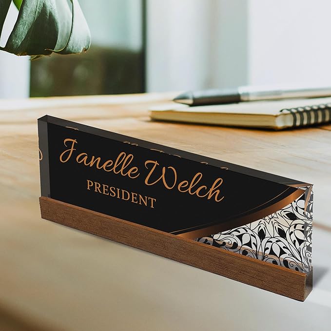 Artblox Personalized Office Desk Name Plate and Business Card Holder | Clear Acrylic Glass with Teak Wood Stand | Profesional Design Customized with Your Name and Credentials Office Desk Decor