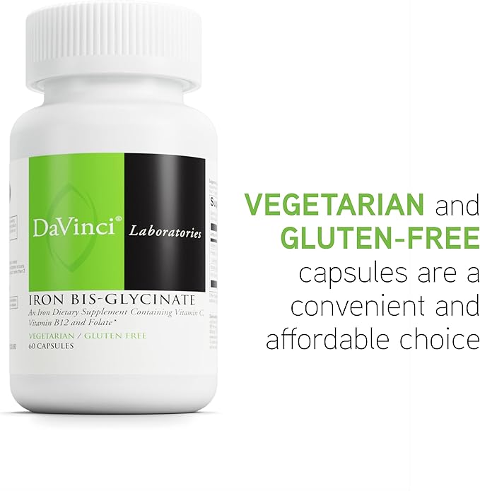 DAVINCI Labs Iron Bis-Glycinate - Gentle Iron Supplement for Women & Men - Help Support Hemoglobin Production & Normal Energy Levels with Vitamin C & More - Vegan - 60 Vegetarian Capsules