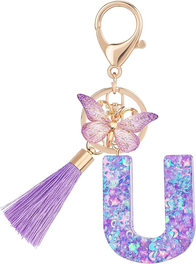 Suweibuke Colourful Cute Initial Letter Keychains for Women Girls with Tassel Butterfly, Charm for Purse Handbags Backpacks