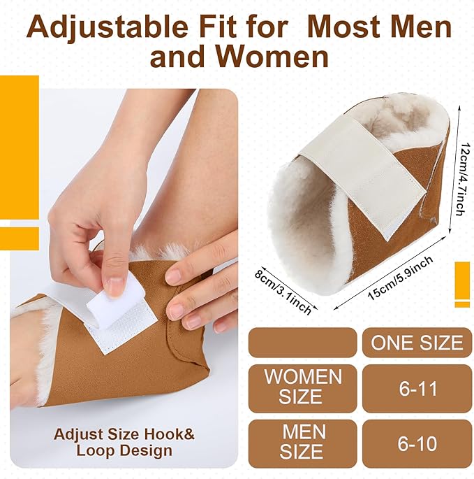 2 Pcs Heel Protectors for Pressure Sores Sheepskin Heel Pads Soft Foot Cushions Pad Protectors Adjustable Foot Pillows with Securing Strap for Bed Sore Ankle Ulcers (Brown)