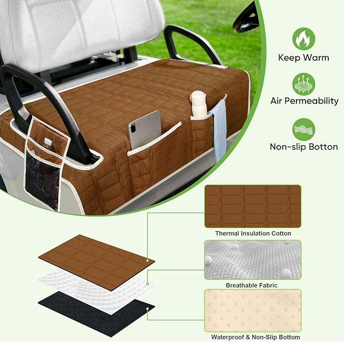 Golf Cart Seat Cover, Universal Bench Seat Cover with Storage Pockets, Non-Slip Seat Protector for Golf Cart, Fits EZGO Club Car Yamaha, Easy Install