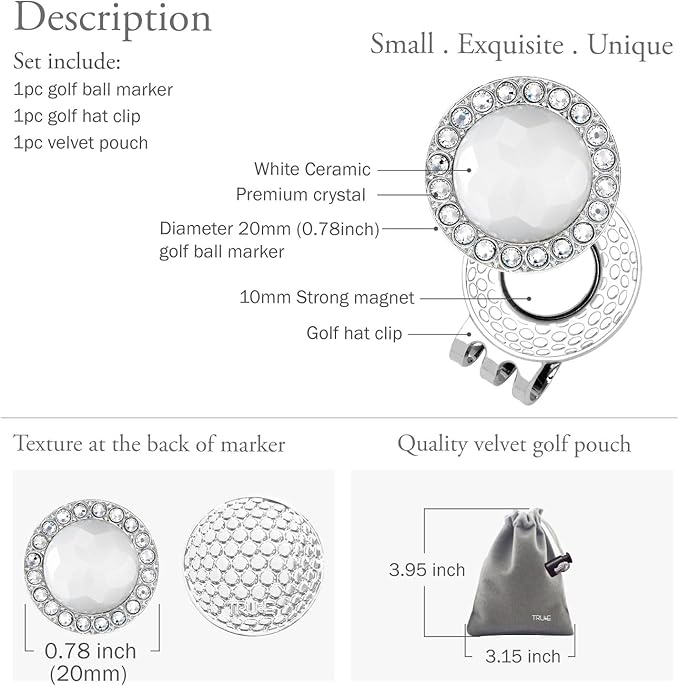 Golf Ball Marker Hat Clip with Ceramic Crystal Ball Marker (20mm Small Size) Gifts Accessories for Golfers