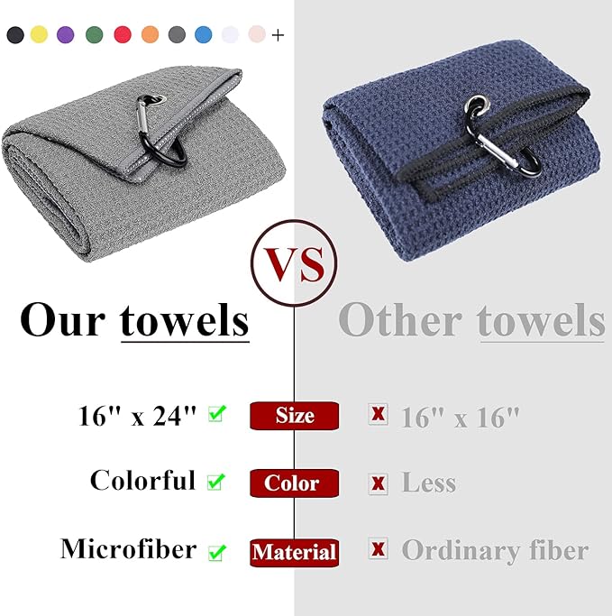 VIVIDLY 2 Pack 16" x 24" Tri-fold Golf Towels, Premium Microfiber Fabric Waffle Pattern with Gray Heavy Duty Carabiner Clip, Orange Golf Towels for Golf Bags for Men (Gray)