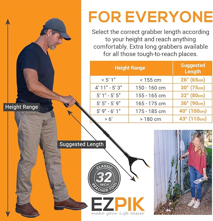 EZPIK Classic 32" Flexible Folding Grabber Tool for Elderly + Magnets, Reacher for Disabled & Seniors Heavy Duty Rotating Grippers for Reaching Underneath, Trash Grabbers & Pickers for Mobility