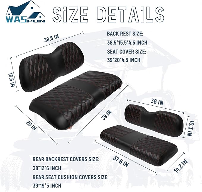 4PCS Golf Cart Diamond Seat Covers Kit, Fits Club Car Precedent 2004+ Golf Cart Vinyl Replacement Seat Cover （Black Stitching, No Stapler, Easy to Clean）