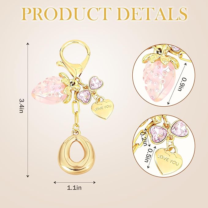 Snycler Bubble Initial Keychain with Strawberry & Bow- Gold Letter Bag Charms for Women, Cute Purse Handbag Accessories