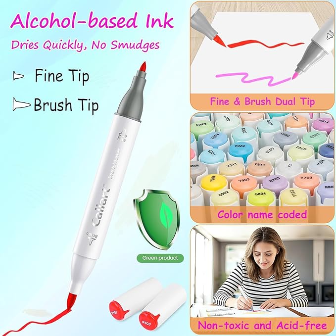 Caliart 61 Colors Pastel Alcohol Brush Markers, Drawing Markers Set Dual Tip Brush & Fine Permanent Alcohol Based Colored Art Pens, with Case for Artists Adults Coloring Book