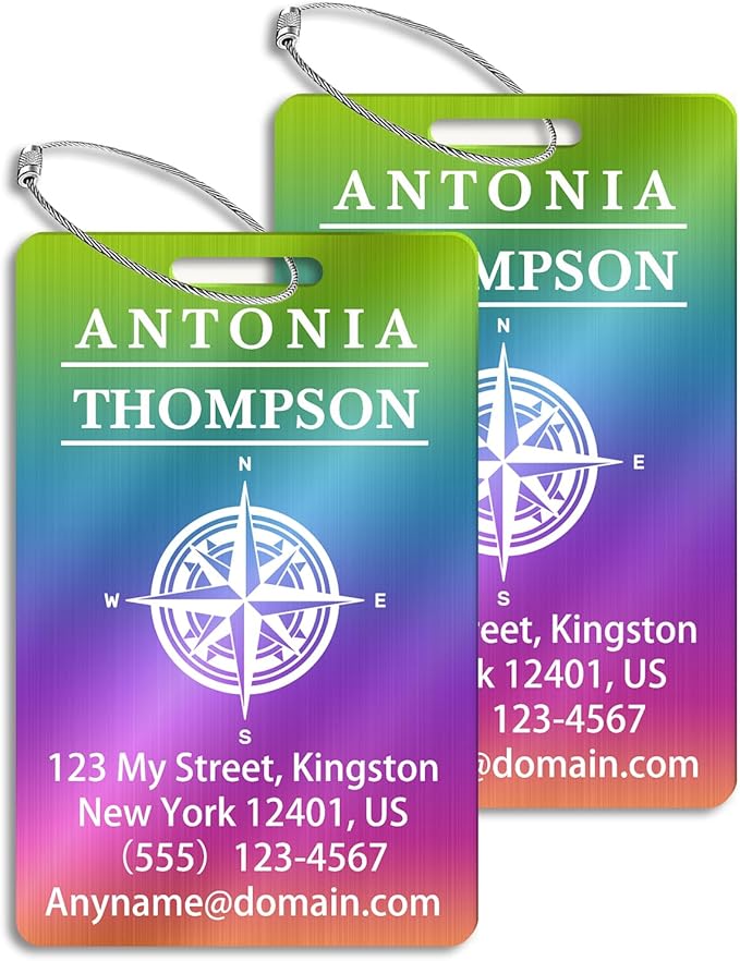 Custom Stainless Steel Luggage Tags (2 Pack) - Personalized Laser Engraved Luggage Tag, Waterproof Durable, for Bags, Backpack Travel, Suitcases (Multi Color)