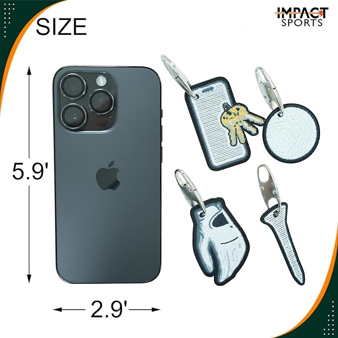 Impact sports Golf Zipper Bag Tags – Set of 4 Fabric Golf-Themed Zipper Pulls – Includes Golf Ball, Glove, Tee, and Phone Tag – Stylish and Functional Golf Bag Accessories