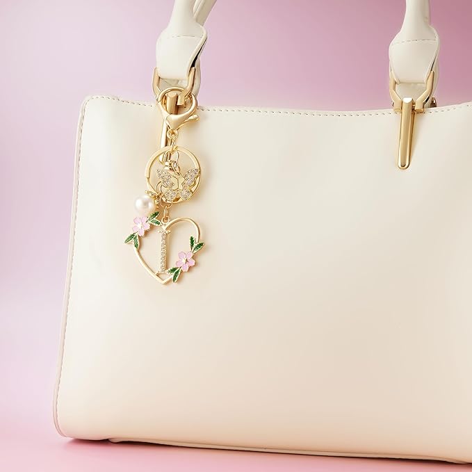 Gold Heart Initial Letter Keychain for Women Key chain Keyring for Purse Handbags Backpack Charm