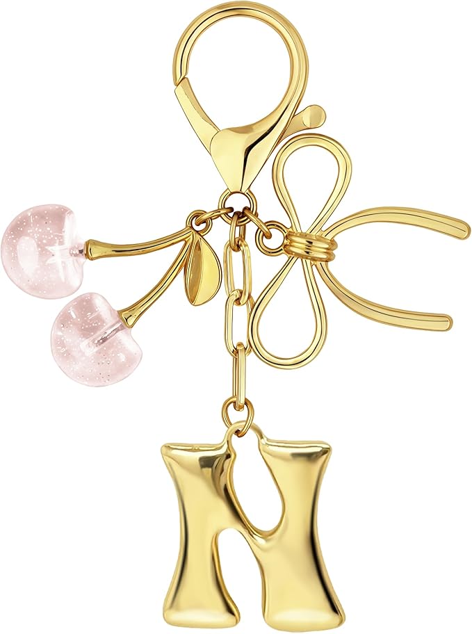 Gold Bubble Heart, Cherry, Bow & More Designs Letter Initial Keychain Bag Charms – Cute Purse Charms for Handbags