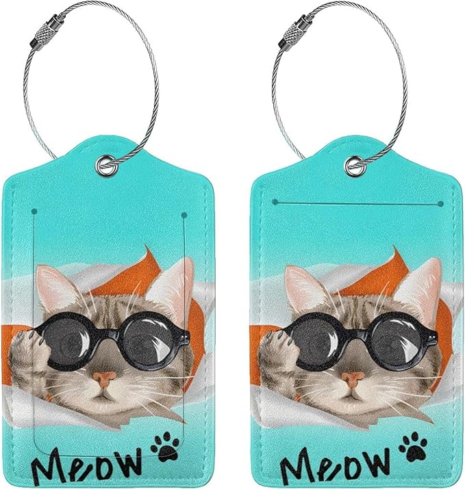 2 Pack Cute Cat Luggage Tags for Kids Girls Women Travel Funny Animal with Sunglasses Print on PU Leather Bag Tags Accessories Privacy Cover ID Label with Stainless Steel Loop for Backpack Suitcase