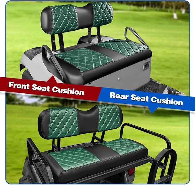 NOKINS 4PCS Golf Cart Diamond Seat Covers Kit, Front&Rear Seat Covers Fits EZGO TXT 1994-2013/EZGO RXV Standard Seat Cushion, EZGO Vinyl Seat Cover Accessories, No Staples (Dark Green&Black)