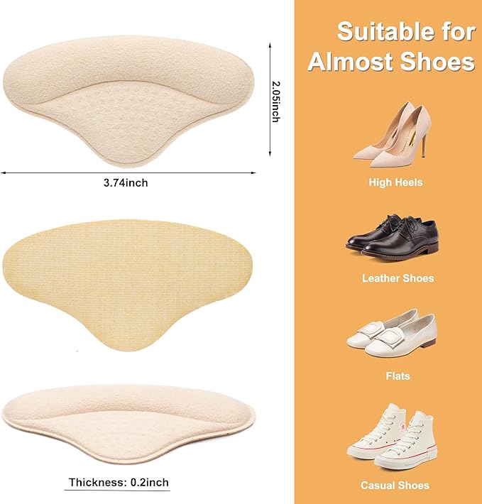 Heel Cushion Pads, 4 Pairs Shoe Inserts for Loose Shoes, Beige Heel Grips Liner for Men and Women
