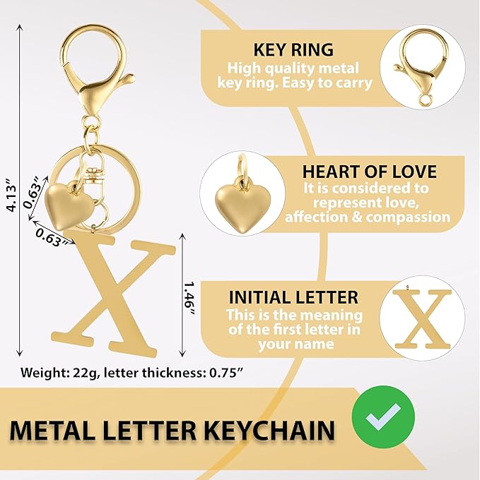 Metal Heart Alphabet Keychain for Women, Girls - Cute Initial Letter Accessories for Purse, Bag Charms and Backpack