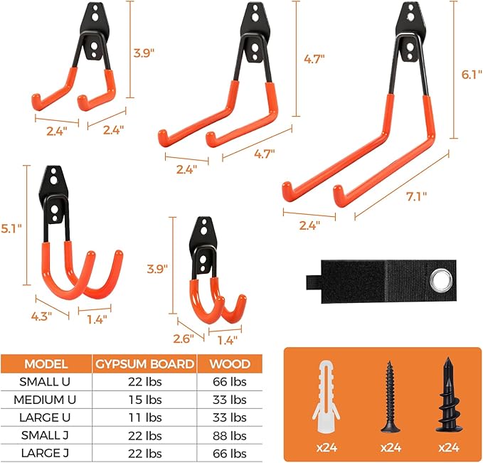 Garage Hooks Heavy Duty - 20 Pack Garage Wall Hangers with Anti-Slip Coating for Hanging Bikes Ladders Garden Tools Orange