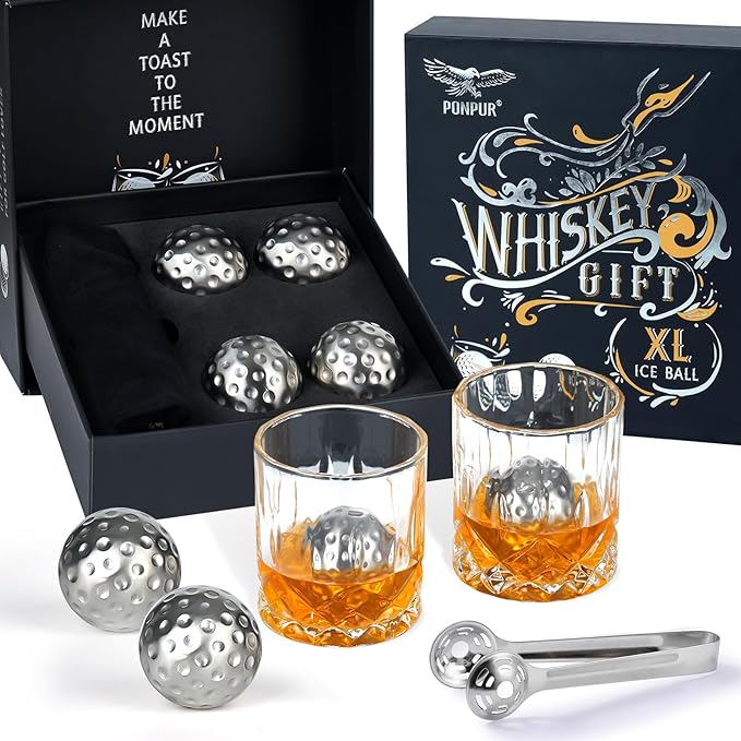 PONPUR Men's Golfer Gifts, Chirstmas Anniversary Birthday Gifts for Dad Him Husband, 4 Whiskey Golf Balls with 1 Tongs, Reusable Stainless Steel Golf Ice Balls Whiskey Gift for Golf Lover