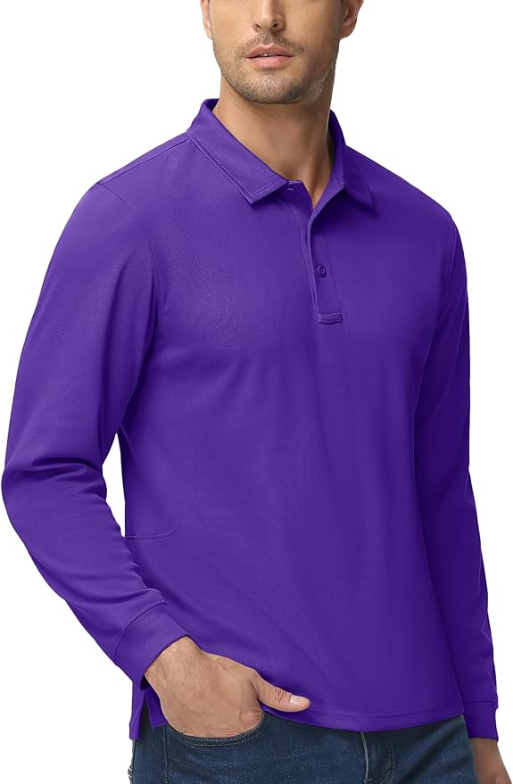 MAGCOMSEN Men's Polo Shirts 3 Button Quick Dry Performance Long Sleeve Tactical Shirts Pique Jersey Golf Shirt