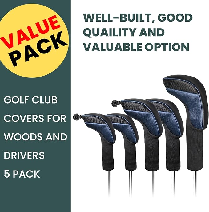 FINGER TEN Golf Club Head Covers for Woods Driver Fairway Hybrid Value 3/5 Pack, Long Headcover Interchangeable Accessories for Ultimate Club Protection