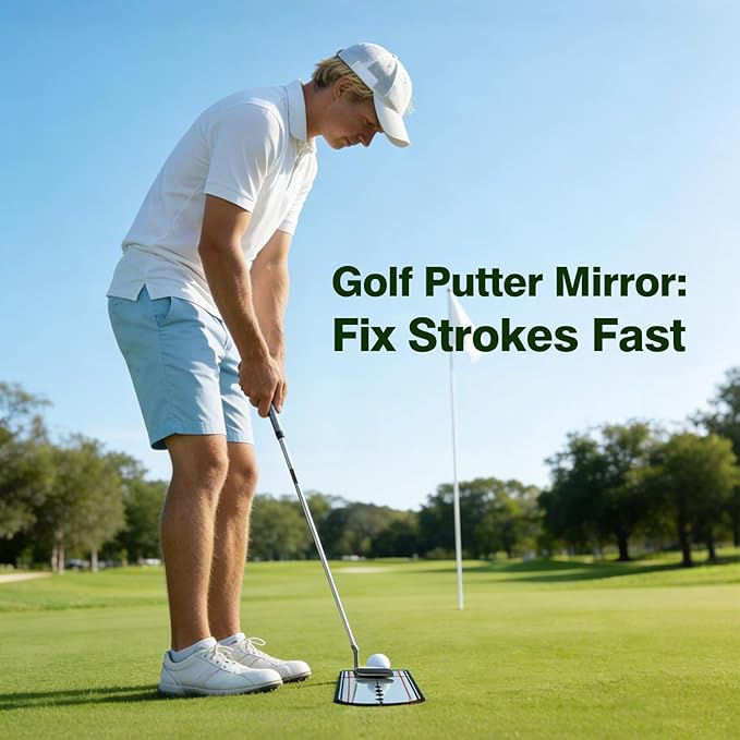 Golf Putting Mirror Training Aid with Alignment Lines - Portable Putting Practice Tool to Check Eyes, Shoulders & Putter Face - Improve Accuracy & Consistency for Beginners, Pros, Indoor & Outdoor Use