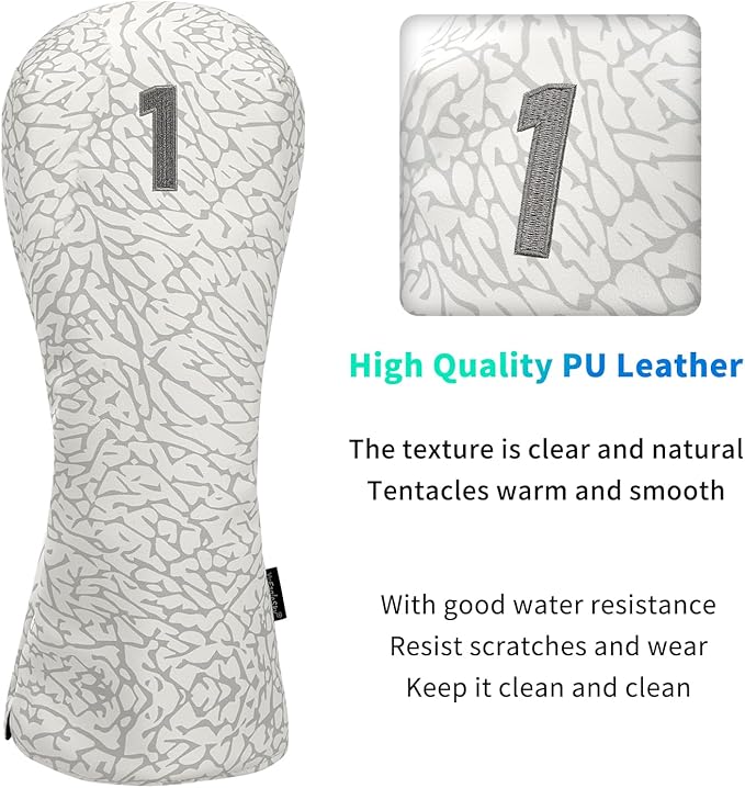 Golf Driver Head Covers 3-Pack for Men & Women - Premium PU Leather with Elephant Embroidery, Double Elastic Band (Driver/Fairway/Hybrid), Waterproof & Durable - White Grey or Black Grey