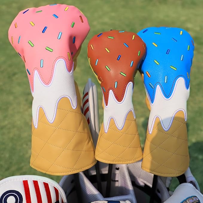 Golf Wood Head Covers Driver Cover 3 Wood Headcover Hybrid Head Covers Embroidery Ice Cream Design Golf Club Headcovers Leather Hand-Made Wood Head Cover