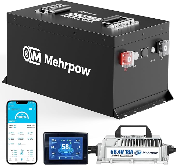 48V Lithium Battery Golf Cart Batteries Kit Built-in 200A BMS Steel Casing 48V 100Ah LiFePO4 Battery 10000 Cycles with 18A Charger Bluetooth Touch Display & APP Max 10.24kW Power Output for Golf Cart