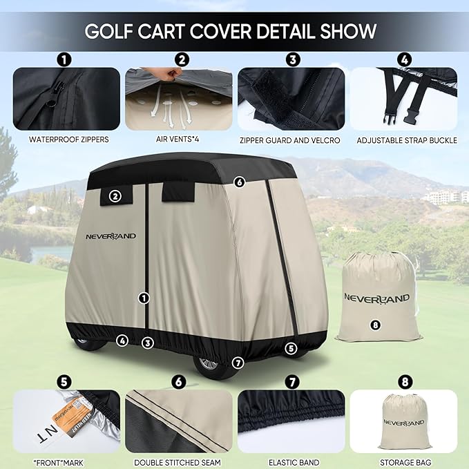 NEVERLAND Golf Cart Cover 4 Passenger - Outdoor Waterprood Golf Cart Covers, 420D Club Car Golf Cart Covers With Air Vent&Zipper Compatible with EZGO Yamaha Club Car 4 Seat (Up to 112 Inch)Black+Brown
