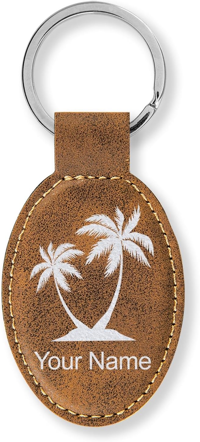 LaserGram Oval Keychain, Palm Trees, Personalized Engraving Included (Rustic with Silver)