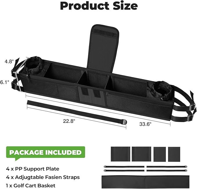 T TGBROS Universal Golf Cart Storage Organizer – Overhead Mesh Bag, Front Basket with Cup Holders & Push Cart Zippered Pouch Fits Club Car, EZGO, Yamaha, Kandi, Push Carts Large Capacity