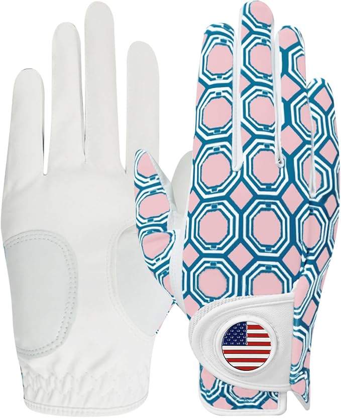 Amy Sport Womens Golf Glove with Ball Marker Rain Left Right Hand Leather Printed Pack, Ladies Golf Gloves All Weather Grip Breathable Soft Size Small Medium Large XL