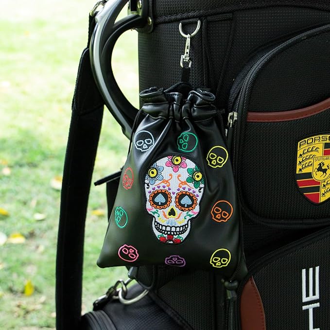 montela golf Valuables Pouch with Drawstrings Skeleton Golf Tee Pouch Leather Ball Bag for Men Women