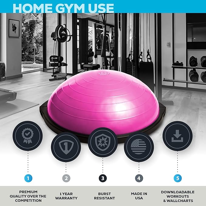 Bosu Balance Ball Exercise Trainer, Home Gym Equipment w/ Guided Workouts & Pump, 26", Blue - Inflatable Fitness Platform for Strength Training, Standing, Balancing, and Core Workout