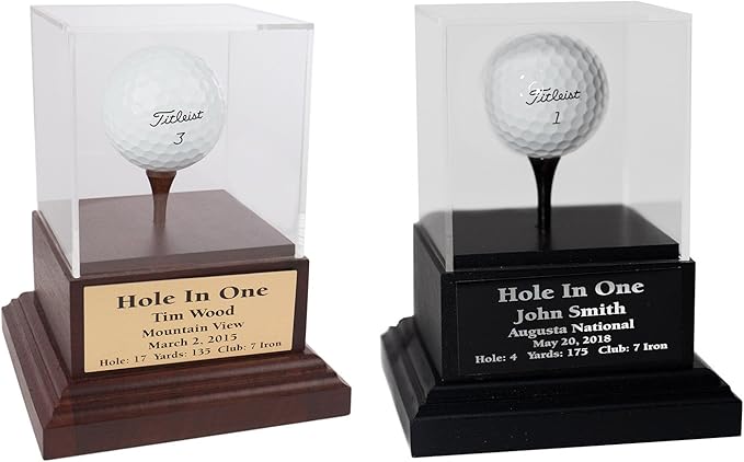 Acrylic Hole in One Golf Ball Display with Wood Base | Includes Engraved Plate | Cherry or Black Base | Removable Top | Made in The USA