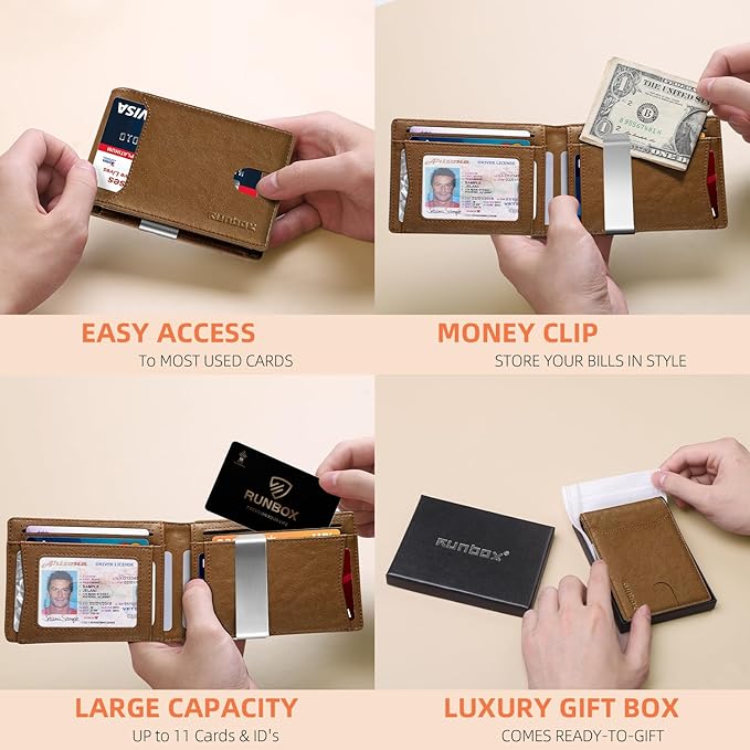 RUNBOX Money Clip Wallets for Men,Slim Leather Mens Bifold Wallet,RFID Blocking Front Pocket Wallet,Thin Credit Card Holder with Gift Box