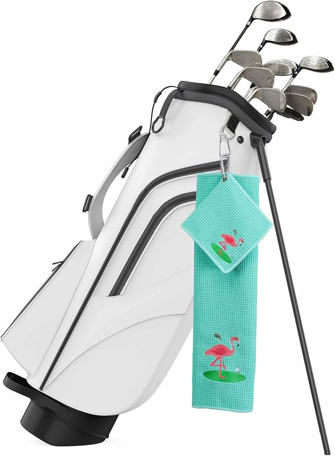 Embroidered Golf Towel Set – Custom Towels for Golf Bags & Carts – Golf Accessories & Gifts for Kids, Men, & Women – Microfiber Waffle and Ball Towels – Flamingo Design - 2-Pack