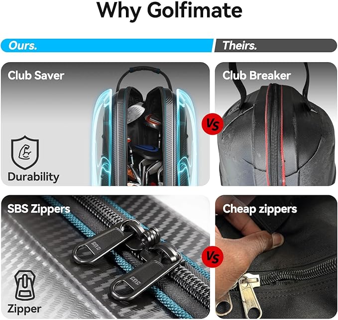Golf Travel Bag for Airlines with Carbon Fiber Look Hard Top, Protective Club Traveling Cover with Wheel, Golf Club Carrier Case for Airplanes, Thick Padding, Durable Zippers, 2 Spacious Side Pockets