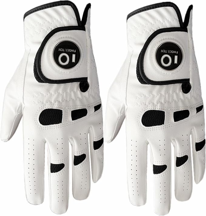 FINGER TEN Men’s Golf Gloves Left Hand Right with Ball Marker 2 Pack, Weathersof Grip Soft Comfortable, Fit Size Small Medium ML Large XL