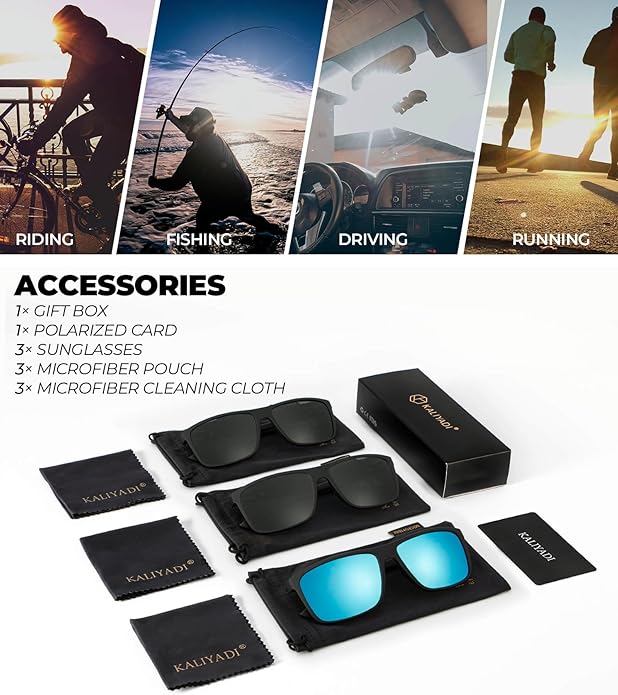 KALIYADI Polarized Sunglasses for Men and Women, Mens Sun Glasses with UV Protection for Driving Fishing Golf (3 Packs)