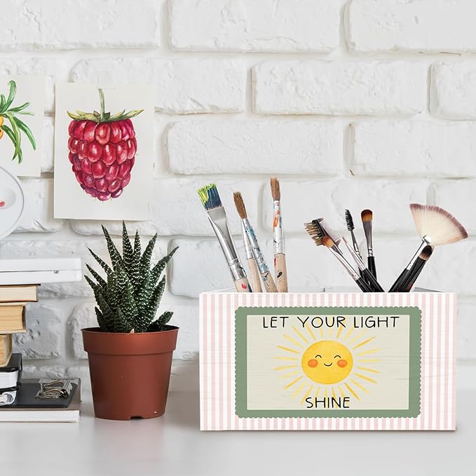Boho Sun Inspirational Pen Pencil Holder for Desk, Boho Classroom Decor, Let Your Light Shine Cute Sunshine Wooden Box Sign Desk Decor for Kids Room Nursery Playroom Decoration