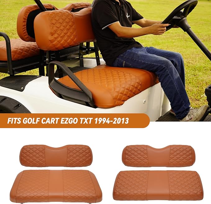 Golf Cart Seat Covers Front and Rear Waterproof and Sun Resistant Marine Grade Vinyl Leather Seat Cover Accessories for EZGO TXT 1994-2013, Brown(4PCS)