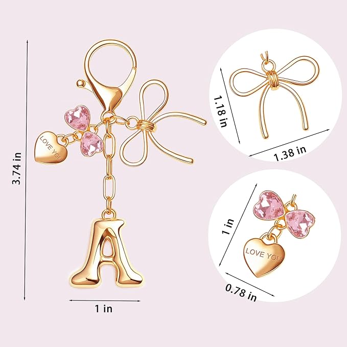 Gold Bubble Initial Keychain with Bow Decoration Bag Charms for Women, Cute Purse Handbag Accessories Gift
