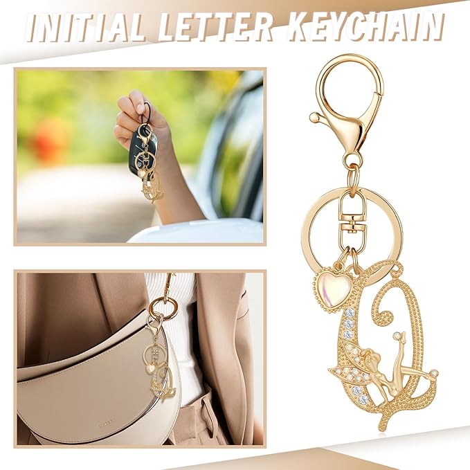 Gold Plated Alphabet Initial Letter Keyring Keychain for Women Girls Crystal Key Chains for Wallet Backpack Bag Charm