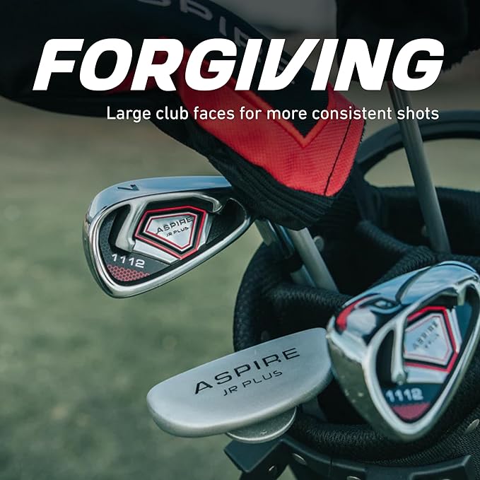 Aspire Junior Plus Kids Golf Clubs – Boys’ & Girls’ Right-Handed Golf Set with Lightweight Stand Bag, Graphite Shafts & Aircraft-Grade Aluminum Clubs