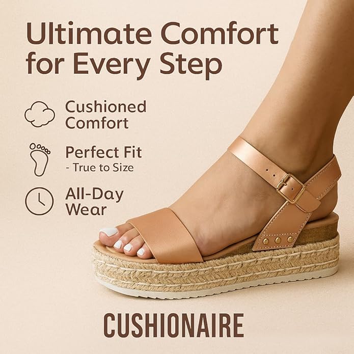 CUSHIONAIRE Melissa Espadrille Platform Sandals For Women with Adjustable Ankle Strap and Memory Foam Insole-Comfortable Womens Sandals for Summer
