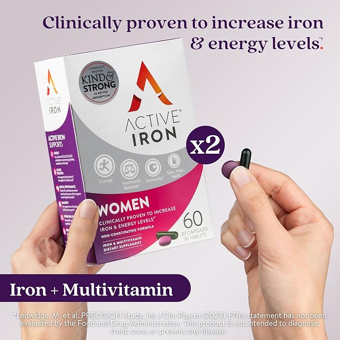 Active Iron Supplement 25mg + Multivitamin for Women – Clinically Proven to Increase Energy & Reduce Tiredness – Gentle, Non-Constipating Iron + Women’s Multivitamin – 60 Capsules + 60 Tablets