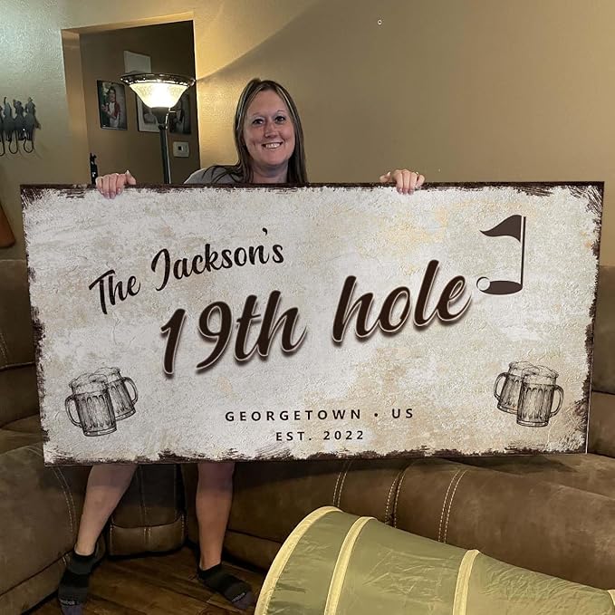 TAILORED CANVASES Golf Art Decor - Personalized Vintage Golf Wall Art Sign for Man Cave, Bedroom, Basement, Home Bar and Custom Gift for Husband, Dad, Wedding & Anniversary - 19th Hole Sign, 48"x16"